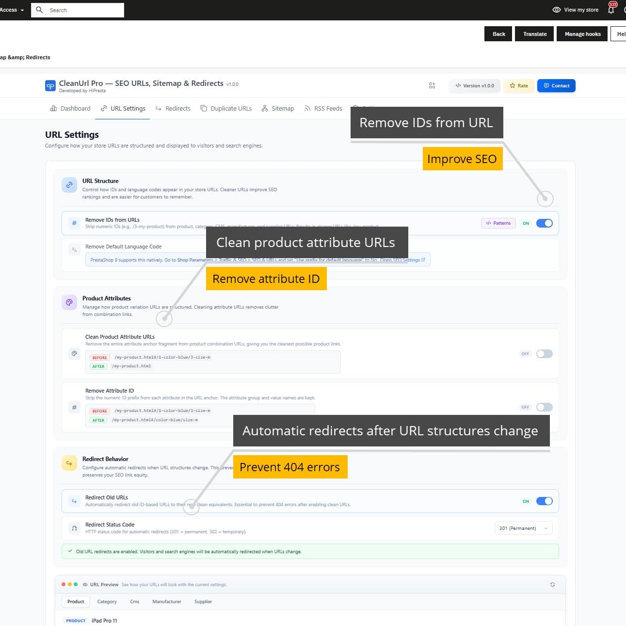 CleanUrl Pro — SEO URLs, Sitemap & Redirects screenshot 1