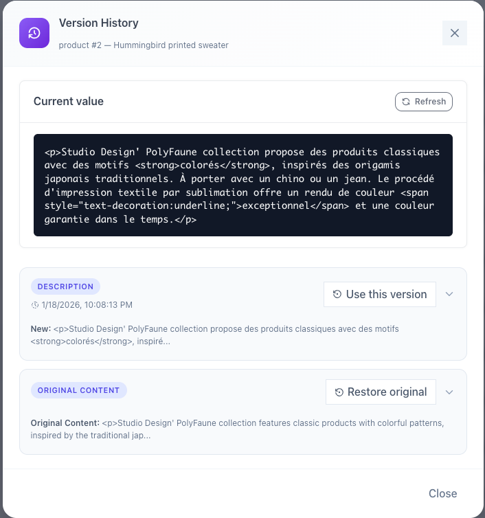 Version History screenshot